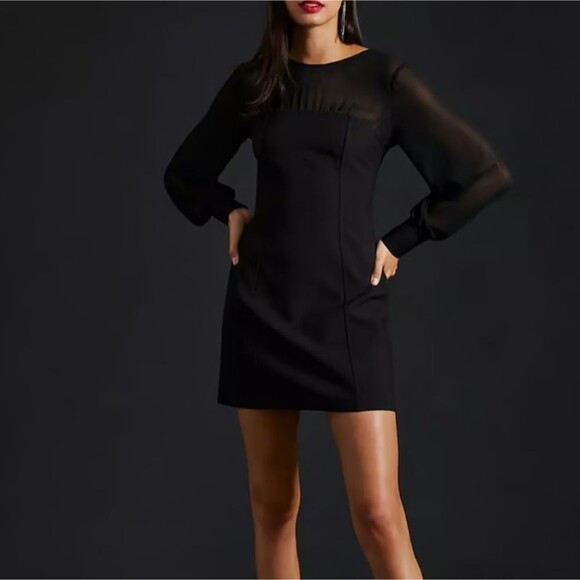 Maeve Sheer Long Sleeve Fitted Mini Dress in Black - Picture 1 of 16